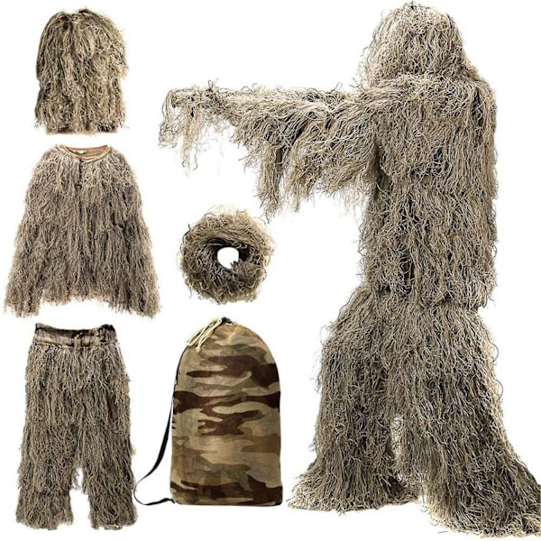 5 i 1 Ghillie-dragt, 3D Camouflage Jagttøj Inklusive Jakke, Bukser, Hætte, Bærepose-WELLNGS YEL