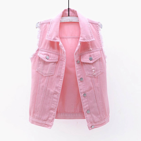 Dame Forår og Efterår Frakke Ensfarvet Ærmeløs Denim Jakke Jakke-WELLNGS Pink xl