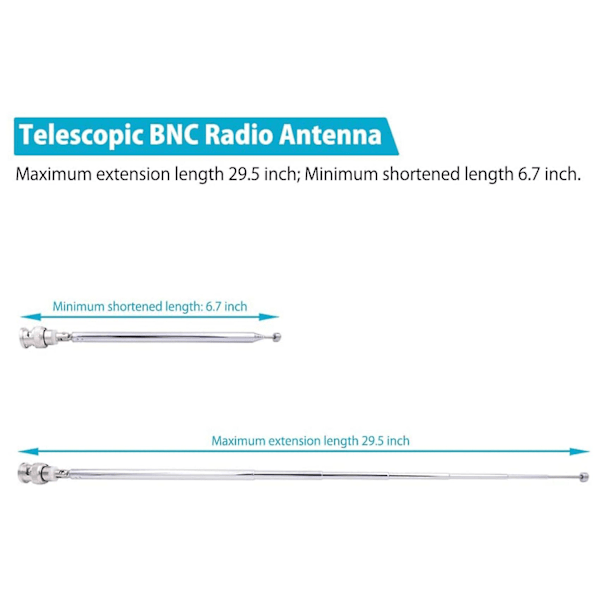 (2 stk) BNC Radioantenne med BNC Han-stik Adapter Teleskopisk Rustfrit Stål HF VHF U-WELLNGS