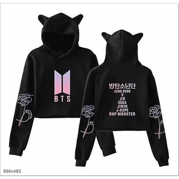 Bts koreansk gruppe perifer casual navel-baring katteører pige trykt sweatshirt-WELLNGS Black A185 XXS