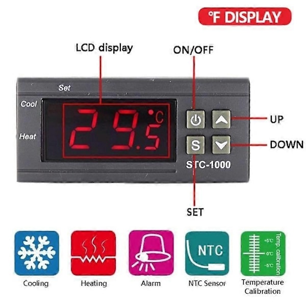 STC-1000 Digital LED Temperaturregulator Värme Kylning Centigrad Termostat 2 Reläer Utgång med NTC Sensor Probe 12v 220V-WELLNGS 12V