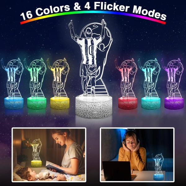 WJ Soccer Night Light för barn, 3D Optisk Illusion Stämningsbelysning 16 färger LED Dimbar med fjärrkontroll Rum Fotboll Decor-WELLNGS Messi