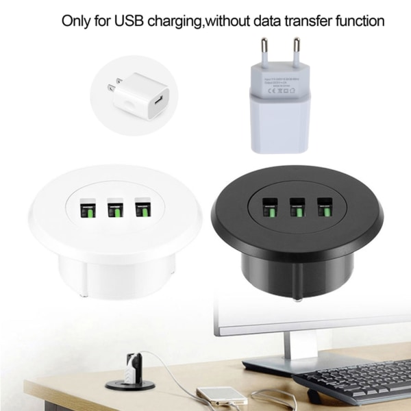 3-porters USB-skrivebordslader Skrivebordsladestasjon monteres på 2,0\"/50mm gjennomgående hull med adapter og 1,5m strøm-WELLNGS White