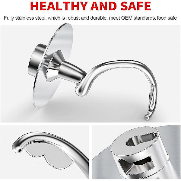 Spiral Deigkrok i Rustfritt Stål for KitchenAid Stativmiksere, Passer 4,5-5 Kvart Blandeskåler fra Tilt-He-WELLNGS