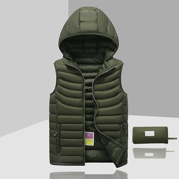 Dunjakke for menn, ermeløs, avtakbar hette, vinter, lett, ensfarget - WELLNGS Army Green L