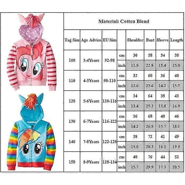 Tyttöjen vetoketjullinen huppari lasten takki Rainbow Dash kimalle päällysvaatteet - WELLNGS Light Blue 3-4 Years