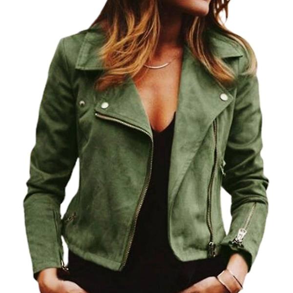 Kvinder Faux Læder Jakker Damer Zip Up Motorcykel Moto Biker Short Outwear Slim Fit Frakke-WELLNGS green XL