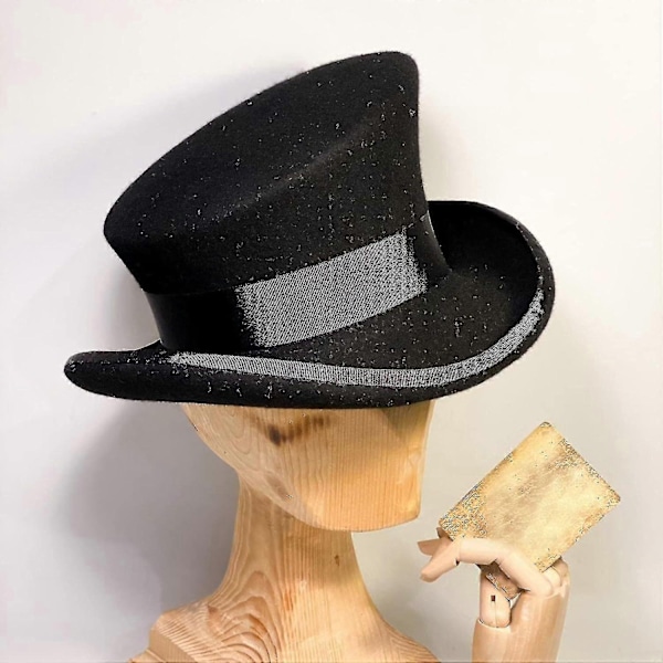 Epäsymmetrinen silinterihattu, villahattu, naisten, miesten, unisex-hattu, steampunk-hattu, silinterihattu, muoti, nauhakoristeinen hattu, päänsuoja miehille - WELLNGS Black