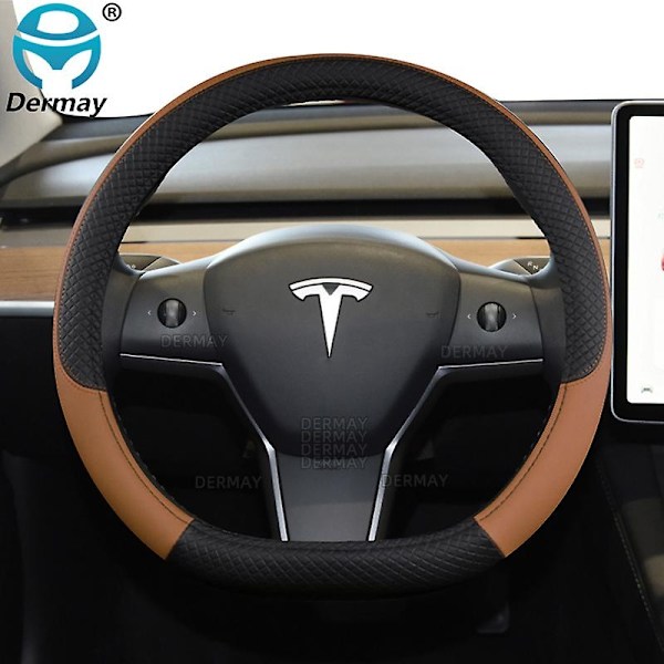 för Tesla Model 3 2016 2017 2018 2019 2020 2021 2022 2023 9 färger Bilstryrskydd PU Läder Halkfria Biltillbehör-WELLNGS Brown