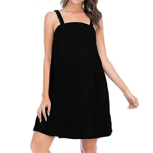 Naisten kylpy/suihkuhuivimekko olkaimilla, kevyt polven mittainen huivimekko, a-WELLNGS Black Xl
