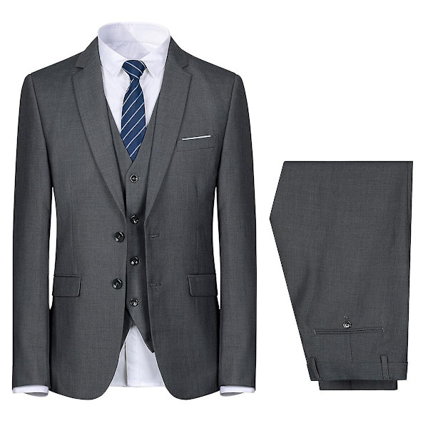 Allthemen Herrkostym för bröllop, fest, middag, 3-delat affärskostym, kavaj, väst, byxor, 9 färger - WELLNGS Dark Grey S