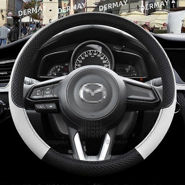 Yhteensopiva Mazda CX3 CX4 CX5 CX7 CX9 CX30 CX50 CX60 CX70 CX90 -automallien kanssa, auton ohjauspyörän suojus PU-nahkaa, liukumaton, autotarvikkeet - WELLNGS White