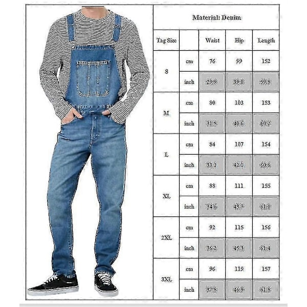 Lösa denim-snickarbyxor med hängslen för män, jeansoveraller - WELLNGS Dark Blue XL