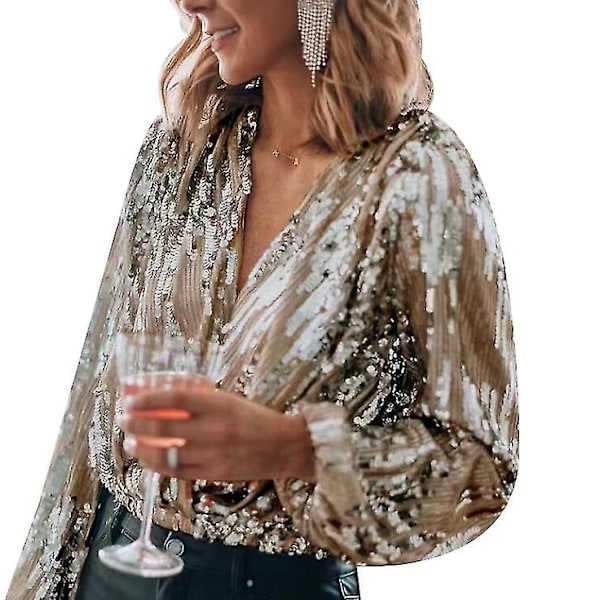 Kvinde Sequin Sparkle V-hals Langærmet Skjorte til Fest - WELLNGS gold XL