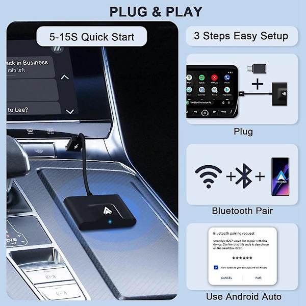 Trådløs Android Auto-adapter for kablet Android Auto-bil Plug & Play Enkel oppsett AA Trådløs Android-WELLNGS