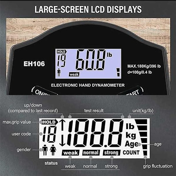Ny greppstyrketestare, 396 pund/180 kg digital handdynamometer greppstyrkemätare USB LCD-skärm H-WELLNGS