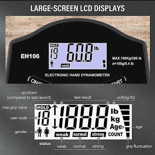 Ny grepstyrke-tester, 396 lbs/180 kg Digital hånddynamometer grepstyrkemåler USB LCD-skjerm H-WELLNGS