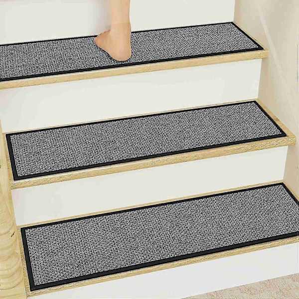 15-pack Stora Jute Trappsteg - Halksäker Gummisula, 30x8 Trappmatta, Medium Höjd, Enfärgad, Vävd, för Mattklädda Trappor - WELLNGS Black 15pcs