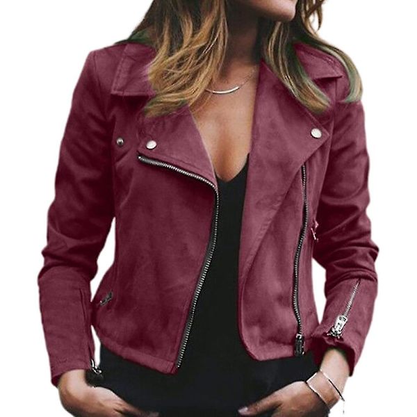 Kvinder Faux Læder Jakker Damer Zip Up Motorcykel Moto Biker Short Outwear Slim Fit Frakke-WELLNGS Claret M