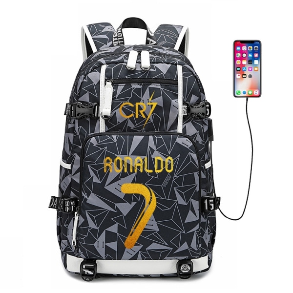 Fodboldstjerne Cristiano Ronaldo CR7 skoletaske Vandtæt skoletaske med stor kapacitet med USB-port (grå)