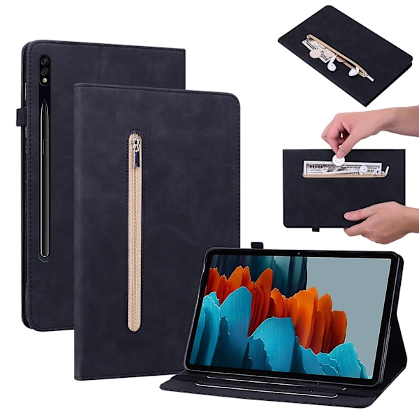 for Samsung Galaxy Tab S9+ PU Läder Tablet Case Dragkedja Fickkort Plånbok Stativfodral-Svart-WELLNGS Black