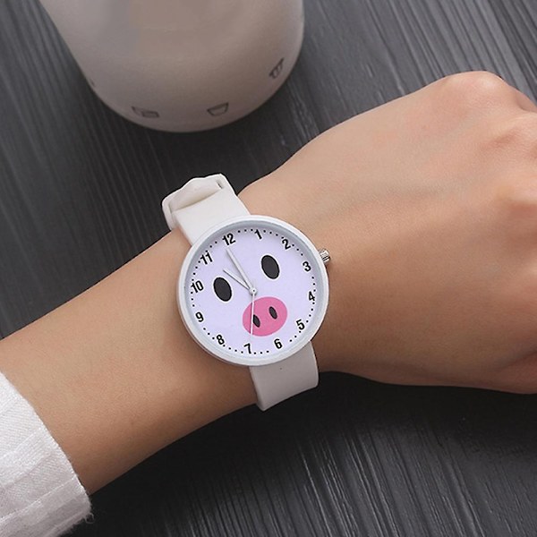 Naievear Sød Kvinde Fisk Gris Rund Skive Silikone Rem Arabiske Tal Analog Kvarts Ur-WELLNGS Pink Pig
