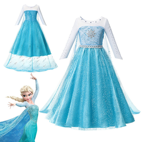 Snedronning Elsa Anna Rollespil Prinsessekjole Kostume \"Frozen\" Piger Halloween Jul Karneval Fest Fancy Dress Kostume 1 Elsa Kjole-WELLNGS 1pc Elsa Dress1 3-4T(Tag 110)