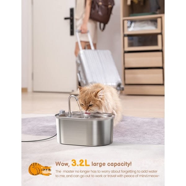 Cat-vattenfontän i rostfritt stål, 3,2 liters automatisk kattvattenfontän med tyst pump, diskmaskinssäker design, lämplig för flera husdjur-WELLNGS
