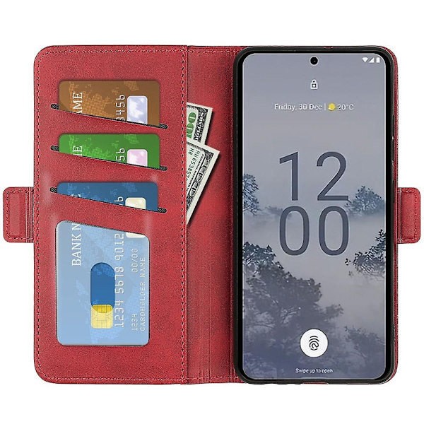 Nokia X30 5G:lle iskunkestävä vasikannahkainen puhelinkotelo, jossa on läppä, lompakko ja jalusta - WELLNGS Red