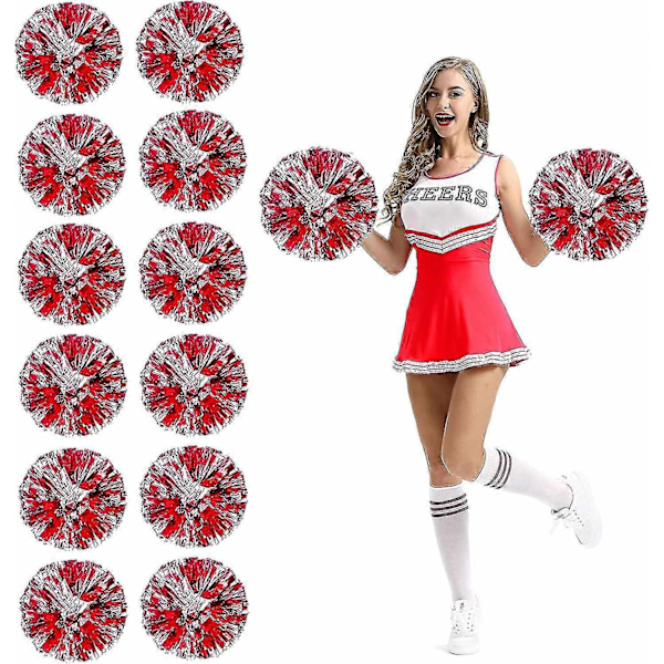 12 st Cheerleading Pom Poms med Fingerhål Metallisk Folie Cheer Pom Poms-WELLNGS Large Red Silver