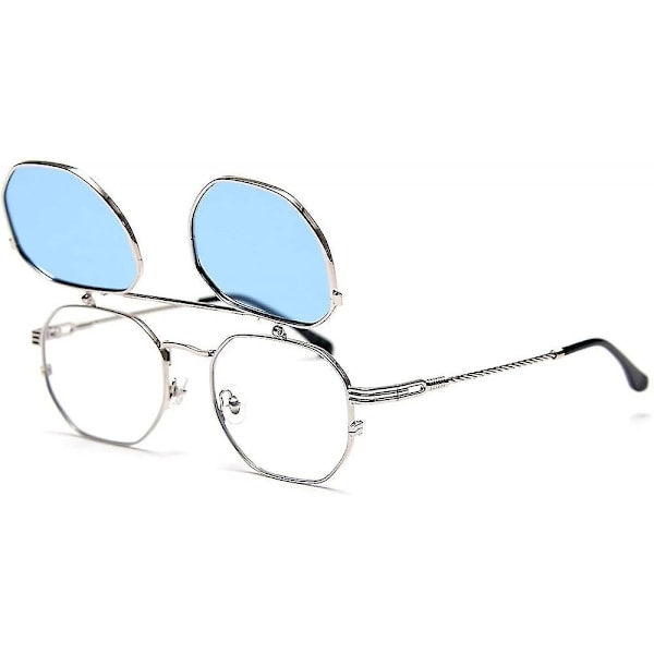 Flip Up Solbriller Menn Kvinner Polariserte Steampunk Flip Solbriller med Doble Linser UBM-WELLNGS Silver Frame-Blue Lens