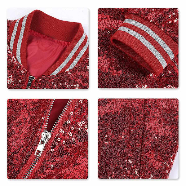 Allthemen Herre Sequin Casual Zipper Fest Bomber Jakke-WELLNGS Red L