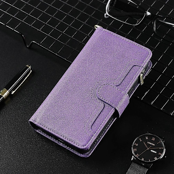 Etui Kompatibelt med Motorola Edge 20 Fusion Deksel Glidelås Magnetisk Lommebok Kortholder PU Lær Flip Etui-WELLNGS Purple