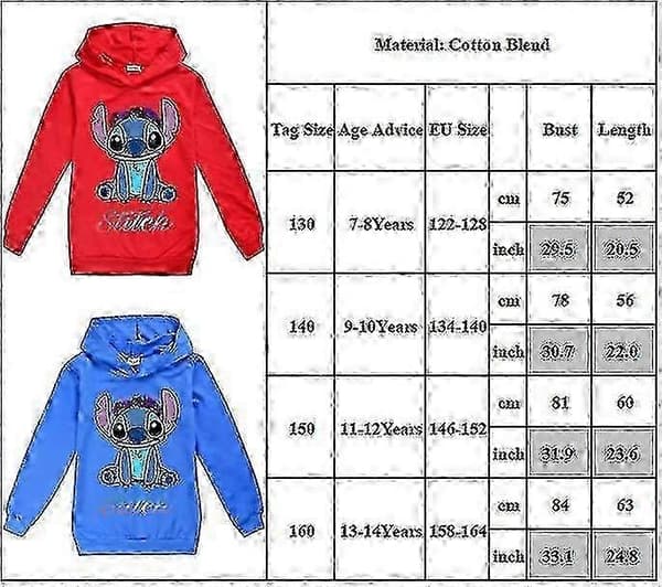 Stitch Print Langarmet Hettegensere Barn Gutter Jenter Casual Hettegenser Pullover Topper - WELLNGS Navy Blue 9-10 Years
