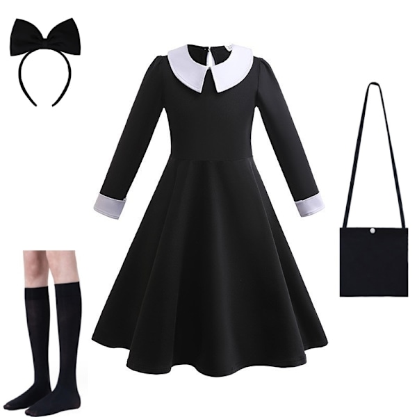 Filmkostume til piger - Wednesday Addams - 3-12 år - Gotisk Wednesday Cosplay Kostume - Halloweenfestkjole til børn - 160c-WELLNGS 160cm Addams B3