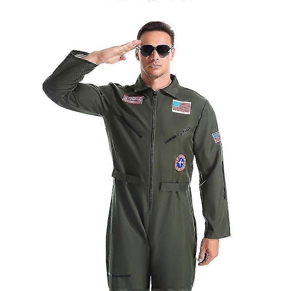 Voksen Air Force Fighter Pilot Jumpsuit Flyverdragt Kostume med Broderede Mærker og Lommer - WELLNGS Male L