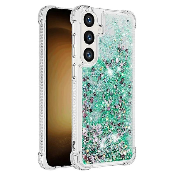 YB Quicksand Series-1 Yhteensopiva Samsung Galaxy S24+ -kotelon kanssa, nestemäiset kelluvat paljetit TPU-suojus - WELLNGS Green Hearts