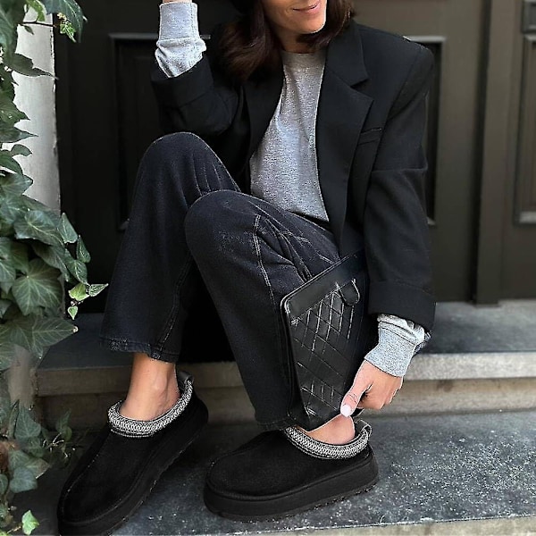 Dames Platform Mini Støvle-Tøfler, Dames Indendørs Tøfler, Slip-On Pelsklædte Shearling-Foret Suede Ankelstøvler - WELLNGS Black EUR42