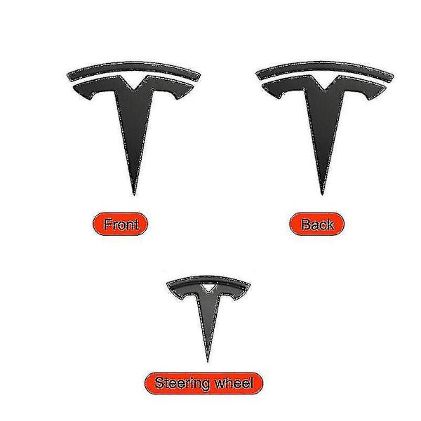 Tesla Model Y 3x Matt Svart T-Logotyp Huv Bagageutrymme Ratten Emblem - WELLNGS