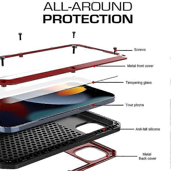 Kompatibel med Iphone 15 Stöttåligt Liv Vattentätt Dammtätt Metall + Silikon Mobiltelefonfodral-WELLNGS Red 15 Plus