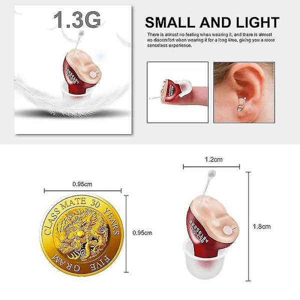 Høreapparater Audifonos T12 til døvhed/ældre Justerbar Mikro Trådløs Mini Størrelse Usynlig Høreapparat Øre Lydforstærker-WELLNGS Red-Right-ear