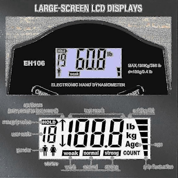 Caraele Greppstyrketestare, 396 lbs / 180 kg Digital Handhållen Dynamometer Greppdynamometer USB LCD-Skärm Handhållen - WELLNGS