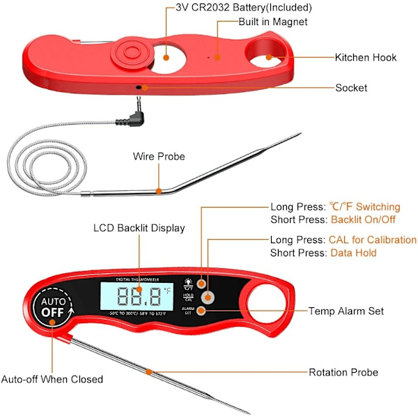 Kjøtttermometer Grilltermometer, LCD digital stektermometer-WELLNGS