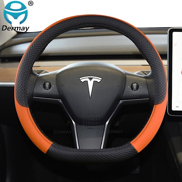 för Tesla Model 3 2016 2017 2018 2019 2020 2021 2022 2023 9 färger Bilstryrskydd PU Läder Halkfria Biltillbehör-WELLNGS Orange