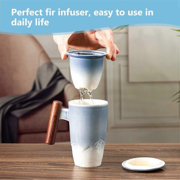 Tekop med låg, porcelænskop med rustfrit stål te-infuser, gradient farve stor keramisk tekop, velegnet til kontor og hjemmebrug - WELLNGS Blue White Gradient