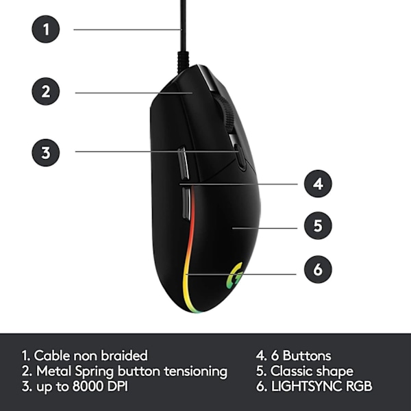 SAYTAY  Kablet Gaming Mus, 8.000 DPI, Rainbow Optisk Effekt LIGHTSYNC RGB, 6 Programmerbare Knapper, On-Board Memory-WELLNGS
