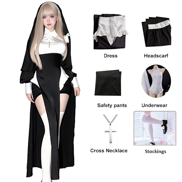 Sööt naiselik anime nunna kostüüm cosplay-esinemiskostüüm seksikas daam Halloweeni esinemiskostüüm õe cos ühtlane M-WELLNGS M Full Set