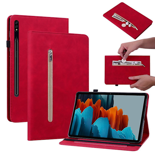 Samsung Galaxy Tab S9+ PU-läderfodral med blixtlåsförsedd ficka, kortplatser, plånboksstativ, rött - WELLNGS Red