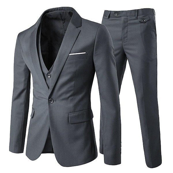 Allthemen Men&#39;s Suit 3-Piece Business Solid Slim Fit Suit Jacket&amp;Pants&amp;Vest-WELLNGS Dark Gray M