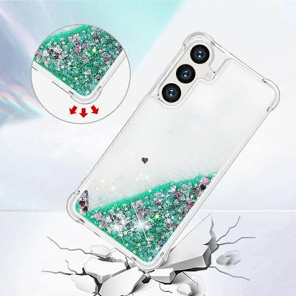 YB Quicksand Series-1 Kompatibel med Samsung Galaxy S24+ Skal Flytande Flytande Paljetter TPU-skydd - WELLNGS Green Hearts